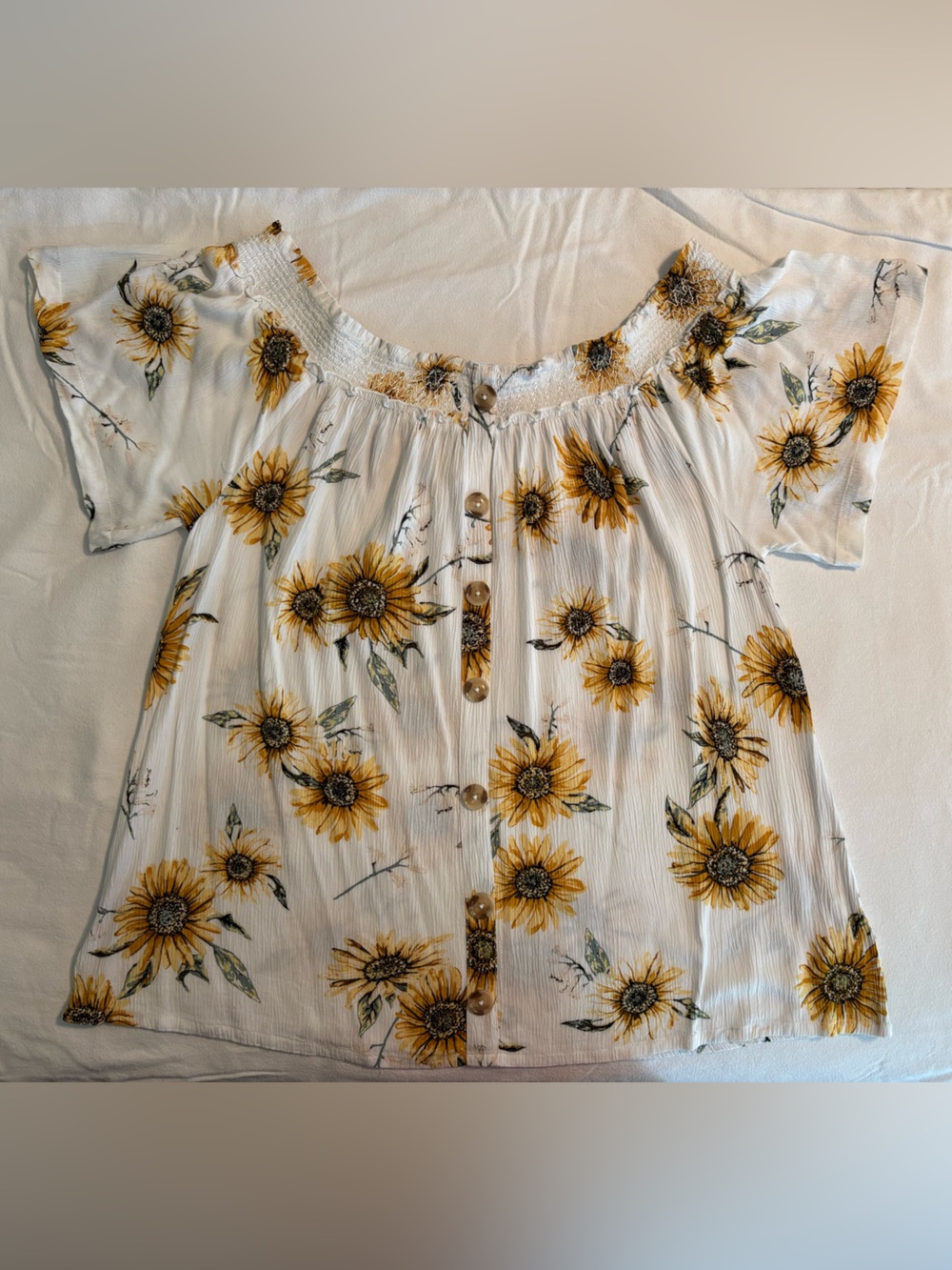 Maurices Off-Shoulder Sunflower Button-Front Women's Top - White/Yellow
